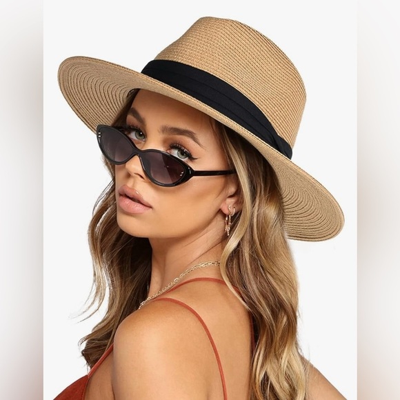 UPF50+ Tan and Black Wide-Brimmed Sun Hat with Ribbon - Picture 1 of 5